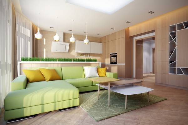 Уютная «цитрусовая» гостиная «Lime green» в стиле модерн - фото